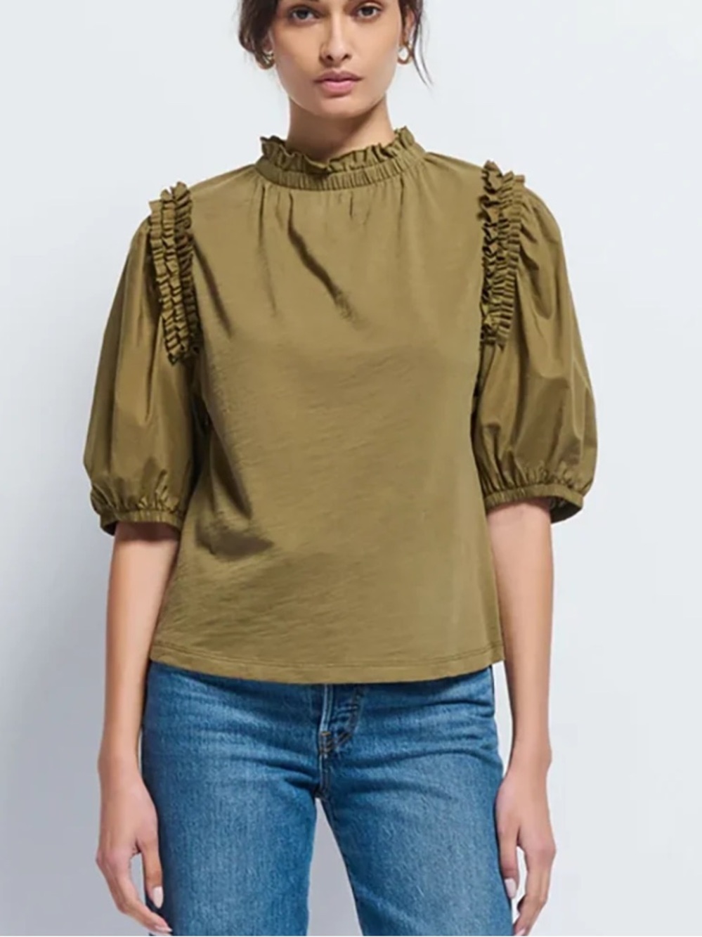 Nation Ltd Royal Ruched Neck Ruffle-Trim Multi-Media Puff Sleeve Cotton Top S